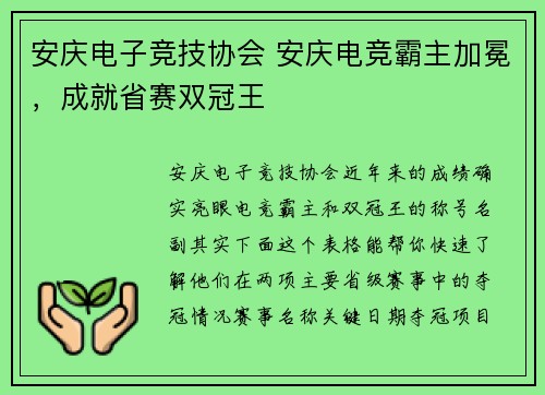安庆电子竞技协会 安庆电竞霸主加冕，成就省赛双冠王